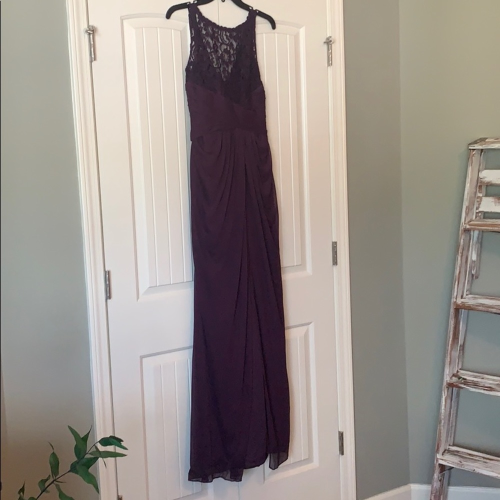 Plum colored David’s Bridal bridesmaid dress